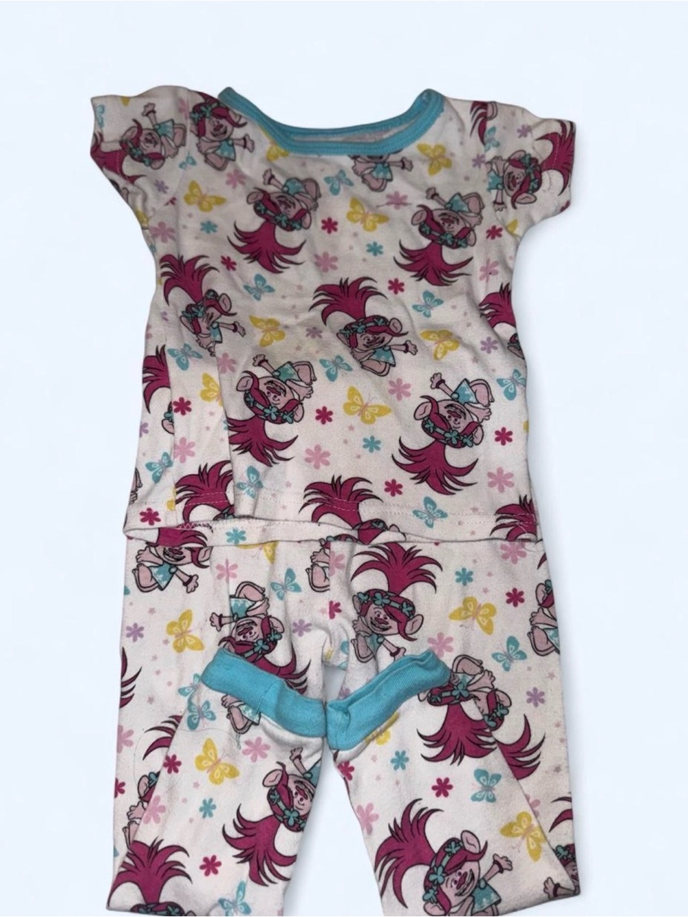 Girls Pink Trolls-Print Pajama Set with Aqua Trim